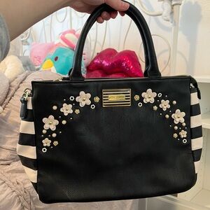 Betsey johnson black and white stripe faux leather bag